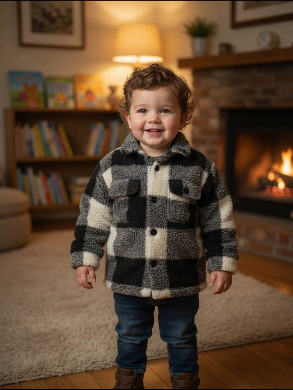 Cozy Black and Cream Sherpa Check Jacket - Toddler